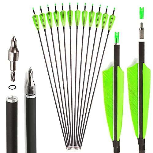 SHARROW 35 Zoll Carbon Pfeile für Bogenschießen Carbonpfeil Spine 400 Jagd Pfeile Carbon Jagdpfeile mit 4 Zoll Natürliche Federn Pfeile für Pfeil Bogen Recurvebogen Compoundbogen Jagd (grün, 12p) von SHARROW