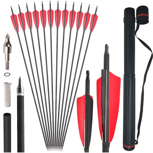 SHARROW 6/12Pcs Carbonpfeile 32 Zoll Carbon Pfeile für Bogenschießen Spine 500 Carbon Pfeile Carbon Jagdpfeile mit 4 Zoll Natürliche Federn Pfeile für Recurvebogen Compoundbogen (6pcs, Rot+Köcher) von SHARROW