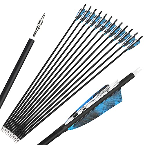 SHARROW Bogenschießen Carbonpfeile Jagdpfeile 28/30/31 Zoll Bogenpfeile Spine 500 Pfeile für Bogen Fletching Natürliche Feder (12 stück/28zoll, Blau) von SHARROW