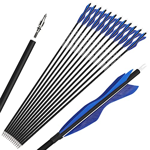 SHARROW Bogenschießen Carbonpfeile Jagdpfeile 28/30/31 Zoll Carbon Pfeile Spine 500 Bogenpfeile Pfeile für Bogen Fletching Natürliche Feder (12 stück/31 Zoll, Blau) von SHARROW