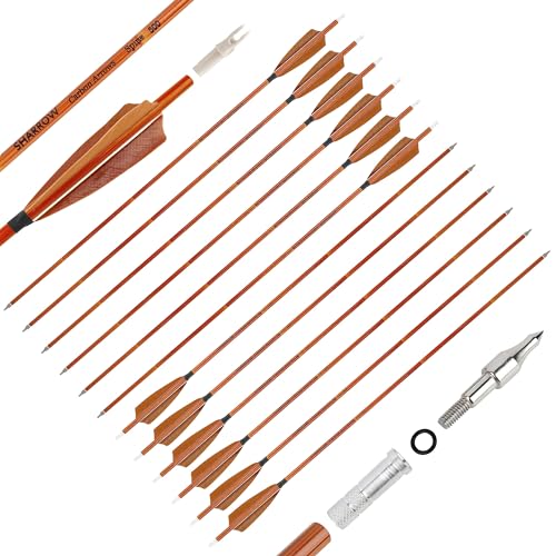 SHARROW Carbonpfeile 32 Zoll Carbonpfeile für Bogenschießen Spine 500 Carbon Pfeile Carbon Jagdpfeile mit 4 Zoll Natürliche Federn Pfeile für Recurvebogen Compoundbogen (24P, Braun) von SHARROW