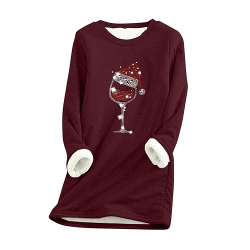 10 Euro Gutschein, Pulli Damen Oversize Weihnachtsshirt Damen Weihnachtspullover Lustig Weinglas Drucken Haarig Fleecepullover Lang Pullover Pullover Rot Damen Thermo Unterhemd Damen(A01 Wine,Xl) von SHE.White