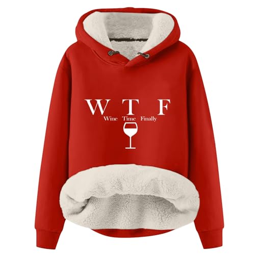 10 Euro Gutschein, Thermoshirt Damen Sherpa Jacke Damen Damen Pullover Lustig Weihnachten Drucken Fleecepullover Winter Warme Kapuzenpullover Hoodie Fleecepulli Damen Fleecepullover Damen(Rot,L) von SHE.White