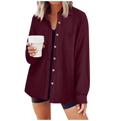 Angebot Des Tages, Oversize Shirt Damen Festival Outfit Damen Damen Waffel Kariert Button Down Lang Oversize Hemdjacke Einfarbig Revers Langarmshirt Jacke Mit Tasche Shirt Langarm (Weiß,XXL) von SHE.White