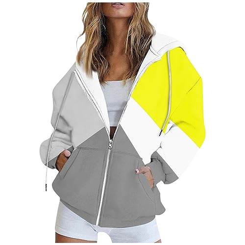 Angebot des Tages Pullover & Winterjacken für Damen Long Pullover Langarm Damen Oversize Zipper Kariert Drucken Drawstring Kapuzenpullover Jacke Sweatshirt Mit Tasche Fleecejacke lang (Gelb, XXL) von SHE.White