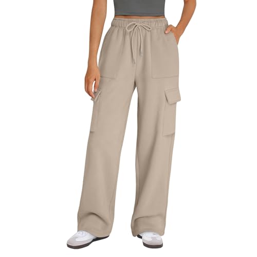 Angebote, Damen Jogginganzug Weite Hose Damen Damen Baggy Jogginghose Hoher Taille Sweatpants Mit Taschen Outdoor Sporthose Loose Freizeithose Hose Damen Winterhose Damen Gefüttert(A03 Khaki,L) von SHE.White