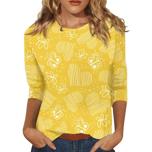 Angebote, Damen Oberteil Glitzer Glitzer Bluse Damen Damen Elegant 3/4-Ärmeln Valentinstag Druck Shirt Teenager Mädchen Lässig Bluse Oberteil Damen Elegant Glitzer Gym Shirt Damen(1-Yellow,XXL) von SHE.White