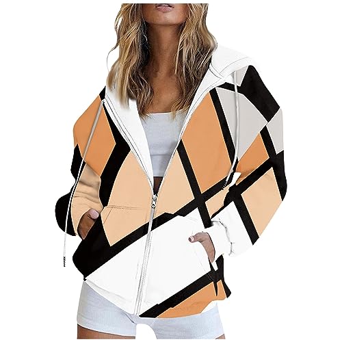 Angebote Damen Jogginganzug Damen Winterjacke Damen Sweatjacke Langarm Oversize Zipper Kariert Drucken Drawstring Kapuzenpullover Jacke Outdoor Sweatshirt Damen Fleecejacke (Orange, M) von SHE.White