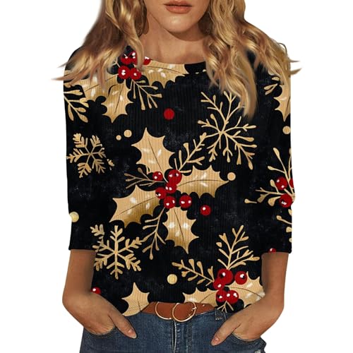 Angebote Des Tages Heute Deal, Weihnachtspulli Weihnachtskleidung Damen Weihnachtsshirt Lustig 3/4 Ärmel Christmas Pullover Casual Xmas Pulli Frauen Christmas Top Kleid Weihnachten Damen Bluse Herbst von SHE.White