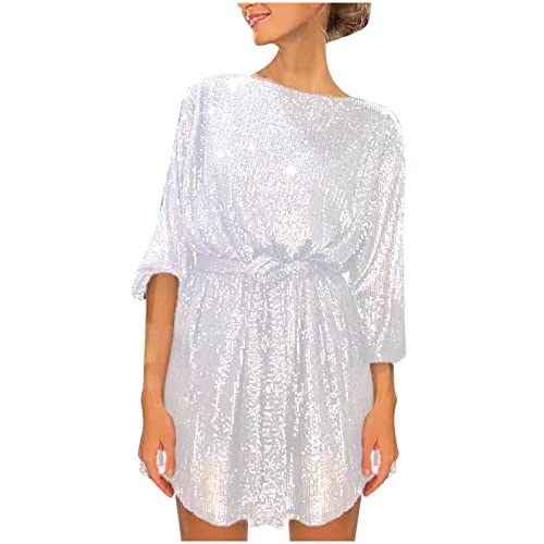 Angebote des Tages Heute Blitzangebote, Kleid Silvester Kleid Damen Damen Glitzer Kleid Festlich Minikleid Bodycon 3/4 Ärmelige Pailletten Kleider Für Frauen Minikleid Sexy Kleider(Weiß,XXL) von SHE.White