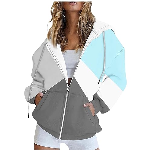 Angebote des Tages Heute Damen Sweatshirt Damen Winterjacke Damen Damen Oversize Zipper Kariert Drucken Drawstring Kapuzenpullover Jacke Sweatshirt Mit Tasche College Jacke Damen (Hellblau, L) von SHE.White