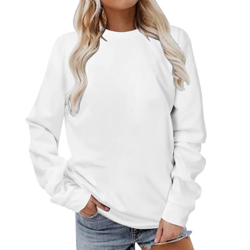 Angebote des Tages Heute Deal, Kleidung Damen Tshirt Damen Oversize Damen Sweatshirt Langarm Rundhals Pullover Ohne Kapuze Elegant Langarmshirt Longshirt Sweater Damen Pulli(Weiß,S) von SHE.White