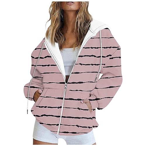 Angebote des Tages Heute Sweatjacke Damen Sweatshirt Damen Kapuze Damen Zip Up Gestreiftes Kapuzenjacke Mantel Mit Tasche Y2K Outdoor Langarm Sweatshirt Jacke Mit Kapuze Pullover rot (Rosa, L) von SHE.White