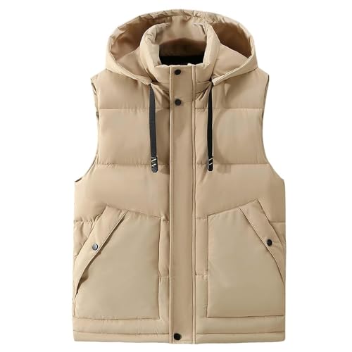 Black Friday, Laufweste Herren Weste Steppweste Winter Softshell Fleece Weste Wasserdicht Winddichte Ärmellose Fleecejacke Steppweste Herren Mit Kapuze Outdoor Fleecejacken Für Herren(Beige,L) von SHE.White