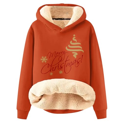 Blitzangebote, Fleece Jacke Damen Winterpullover Damen Warm Damen Pullover Lustig Weihnachten Drucken Fleecepullover Winter Warme Kapuzenpullover Hoodie Fleecepullover Flauschiger Pullover(Saffron,S) von SHE.White