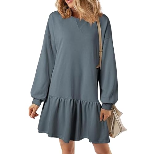 Blitzangebote, Kleid Damen Dresses for Women Damen Pulloverkleid Rundhals Rüschen Einfarbig Elegant Langarm Sweatshirt Oversize Minikleid Tshirt Kleid Damen Sweatshirt Lang Kleid(Blau,3XL) von SHE.White