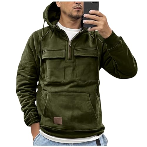 Blitzangebote, Langarmshirt Herren Sweatshirt Winter 1/4 Zip Up Mit Brusttasche Pullover Für Herren Freizeit Zip Hoodie Herren Basic Bequem Einfarbig Sweatshirt Baumwolle(Grün,XL) von SHE.White