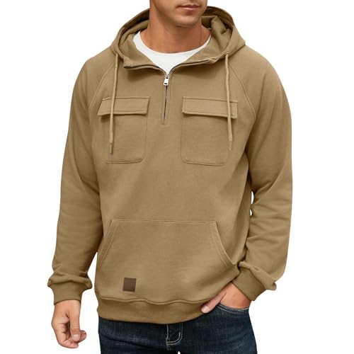 Blitzangebote, Langarmshirt Herren Sweatshirt Winter 1/4 Zip Up Mit Brusttasche Winterpullover Herren Freizeit Tshirt Herren Oversize Basic Bequem Einfarbig Schwarzer Pullover(Khaki,S) von SHE.White