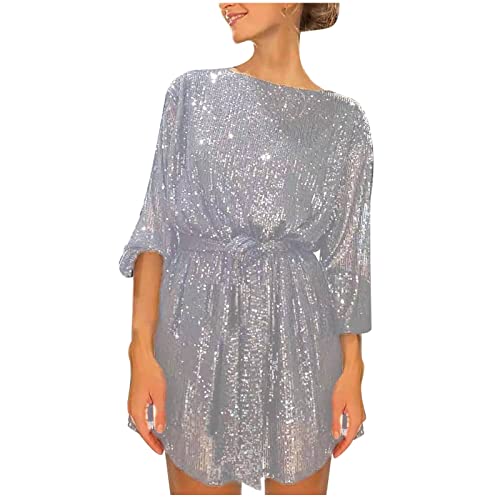 Blitzangebote, Silvester Kleid Damen Winter Kleider Damen Glitzer Kleid Festlich Minikleid Bodycon 3/4 Ärmelige Pailletten Kleider Für Frauen 1920Er Kleider Damen Paillettenkleid Damen(Silber,S) von SHE.White