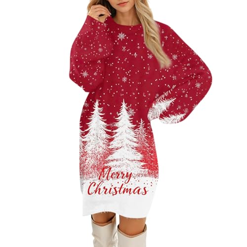 Blitzangebote Des Tages, Abendkleider Große Größen Weihnachtsoutfit Weihnachtskleid Fleece Pullover Kleid Weihnachtsmotiv Partykleid Dresses fleecekleid Partykleid Schwarzes Langes Kleid(Red,L) von SHE.White