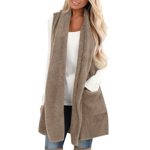 Blitzangebote Des Tages, Beheizte Weste Laufweste Damen Fleecewesteteddy Fleece Plüschweste Kunstfell Hoodie Westen Bequem Ärmellos Cardigan Jacke Weste Damen Winter Fahrradjacke Damen(Camel,Xl) von SHE.White