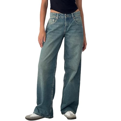 Blitzangebote Des Tages, Wide Leg Long Legs Baggy Jeans Y2K High Waist Stretch Denim Hosen Weites Bein Jeanshosen Mädchen Streetwear Weite Hose Damen Risse Turnanzug Mädchen Mit Hose(8-Blue,Xs) von SHE.White