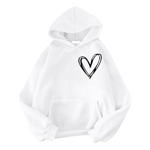 Blitzangebote des Tages, Fleece Damen Hoodie Mit Kapuze Hoodie Fleece Gefütterte Heart Drucken Sweatshirt Winter Warm Kapuzenpullover Teddyjacke Sweatjacke Ohne Kapuze Damen(Weiß,M) von SHE.White