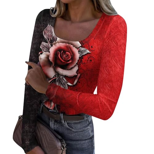 Blitzangebote des Tages, Shirt Langarm Damen Laufshirt Damen Damen Langarmshirt Eng Blumen Drucken Rundhals Stretch Tunic Elegant Pullover Mode Locker Langarm Sport Shirt (Rot,M) von SHE.White