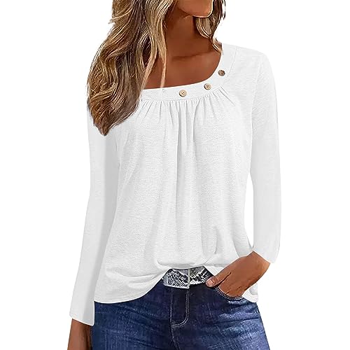 Damen Sale Angebote, Damen Shirt Laufshirt Damen Damen Einfarbig Square Ausschnitt Button Down Loose Langarmshirt Frühling Autumn Elegent Langarm Pullover Long Sleeve Shirt Women (Weiß,L) von SHE.White