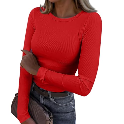 Damen Sale Angebote, Damen Tshirt Damen Weiss Damen Langarmshirt Eng Slim Fit Einfarbig Rundhals Stretch Tuniken Langarm T-Shirt Oberteile Pullover Long Sleeve Shirt Women (Rot,L) von SHE.White