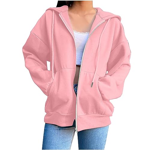 Damenmode Sale Longpullover für Damen Damen Hoodie Damen Einfarbig Y2K Kapuzenjacke Mit Reißverschluss Outdoor Langarm Sweatshirt Jacke Mantel Mit Kapuze Damen Fleecejacke (Rosa, 3XL) von SHE.White