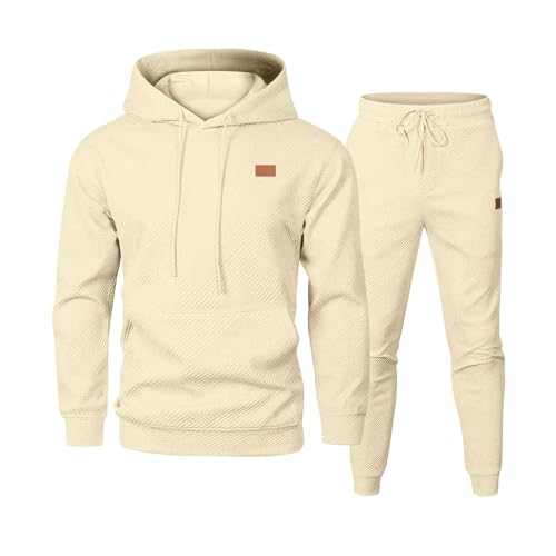 Deals, Jogginghose Herren Kurz Jogginganzug Herren Jogginganzug Herren Set 2-Teilig Set Zweiteilige Outfits Langarm Sweatshirt + Sweatpants Set Hausanzug Herren Anzug Herren(Beige,L) von SHE.White