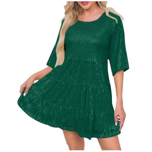 Deals Of The Day, Etuikleid Damen Elegant Pailettenkleider Für Damen Rundhals Elegante Pailletten Kleid Mini Langarm Kleid Kurze Eng Spitzen Abendkleid Partykleid Kleider Winter Damen(Dark Green,Xxl) von SHE.White