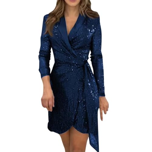 Die Discounter Merch, Abendkleid Damen Lang Glitzer Kleid Damen Paillettenkleid Damen Langarm V-Ausschnitt Partykleid Mesh Silvester Abendkleid Elegantes Kleid Damen Kleid Winter(Marine,M) von SHE.White