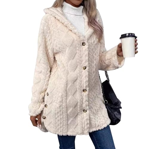 Die Discounter Merch, Teddyjacke Damen Teddyfleece Jacke Damen Damen Fleecejacke Einfarbig Lang Sherpa Sweatjacke Warm Oberteil Herbst Winter Sweatshirt Mantel Leichte Steppjacke Strickfleecejacke von SHE.White