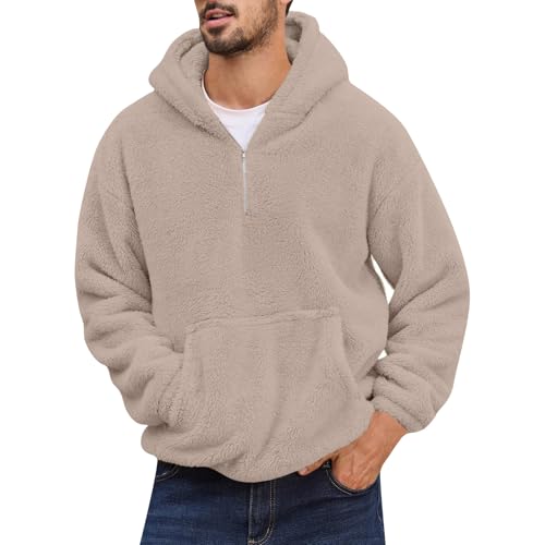 Discounter Merch, Kapuzenpullover Herren Beheizbarer Hoodie Herren Einfarbig Half Zip Up Fleece Hoodies Mit Tasche Winter Herbst Warm Haarig Kapuzenpullover Longshirt Pullover Für Herren(Khaki,4Xl) von SHE.White