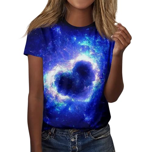 Galaxy Oberteil, Galaxy Shirt Damen 3D Galaxie Bedrucken T-Shirts Glitzer Shirts Bluse Modische Sternenhimmel Sommer Shirts Rundhals Kurzarm Oberteile Tops Für Karnevalskostüme von SHE.White