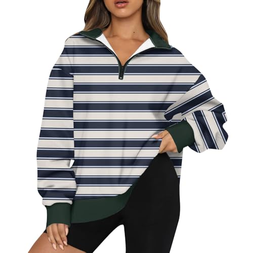 Hoodie Damen Damen Sweatshirt arbeitspullover Damen Langarm V-Ausschnitt 1/4 Zip Up Streifen Drucken Lang Pulli Outdoor Sweatshirt Locker Bluse Hoodie Teenager mädchen (Marine, L) von SHE.White