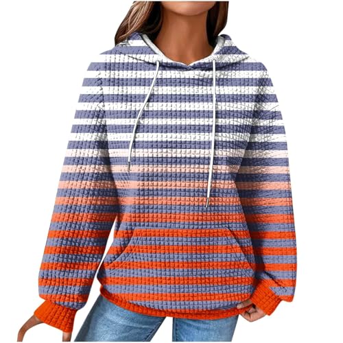 Hoodies Damen,Damen Oversize Gestreiftes Waffel Kariert Kapuzenpullover Mit Taschen Winter Herbst Sweatshirt Mit Kordelzug Mode Langarmshirt Mit Kapuze Freizeit Outerwear Tops S-XXXL von SHE.White