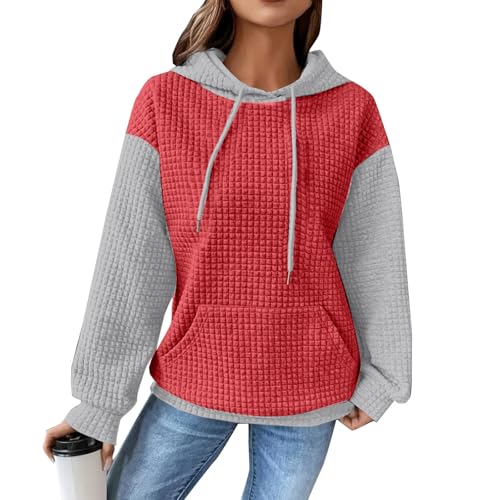 Damenmode Sale Jacke Damen Kapuzenpullover Damen Damen Oversize Waffel Kariert Kapuzenpullover Mit Taschen Kordelzug Winter Sweatshirt Mit Kordelzug Winterpullover Damen (Rot, L) von SHE.White