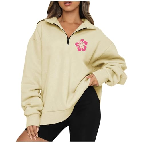 Langarm Damen Damen Pullover elegant Pullover Jacke Damen Damen V-Ausschnitt 1/4 Zip Up Briefe Drucken Lang Pulli Winter Outdoor Ohne Kapuze Sweatshirt Bluse Hoodies Teenager (Khaki, M) von SHE.White