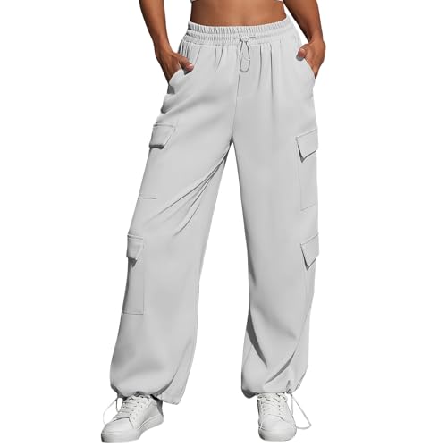 Last Minute Angebote, Yogahose Damen Lang Schlafanzug Hose Damen Lang Baggy Jogginghose Hoher Taille Sweatpants Mit Taschen Outdoor Sporthose Loose Freizeithose Hose Hausanzug Baumwolle(A02 White,L) von SHE.White