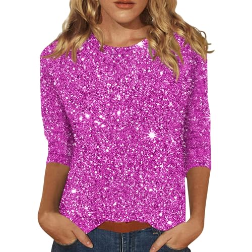 Meine Bestellung, Festliche Oberteile Damen Glitzer Pailletten Glitzer Oberteile Elegant 3/4-Ärmeln Shirt Pailletten T-Shirt Teenager Mädchen Bluse Glitzer Oberteile Party Hippie Shirt(3-Purple,3Xl) von SHE.White