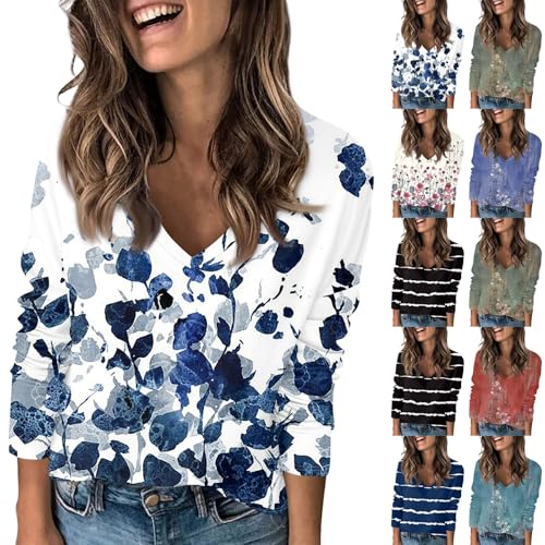 Meine Bestellung, Sommer Tops Damen Tshirt Oversize Gestreiftes Drucken V-Ausschnitt Langarmshirt Frühling Autumn Langarm Tunika Oberteile Long Sleeve Shirt Women (Dunkelblau,M) von SHE.White