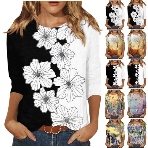 Meine Bestellung, Sommer Tshirt Damen Vintage Blumen Drucken Rundhals Langarmshirt Casual Oversize Winter Autumn Pullover Elegant Oberteile Long Sleeve Shirt Women (Lila,XL) von SHE.White