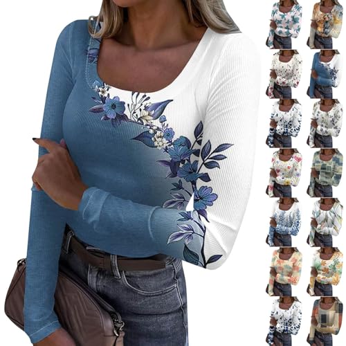 Meine Bestellung Anzeigen, Basic Shirt Damen Festival Outfit Damen Damen Langarmshirt Eng Blumen Drucken Rundhals Stretch Tunic Elegant Pullover Mode Langarm Slim Fit Outfits Laufshirt (Khaki,XXL) von SHE.White