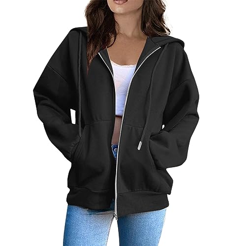 Meine Bestellung Hausanzug Damen Laufjacke Damen Damen Kapuzenpullover Sweatjacke Einfarbig Y2K Kapuzenjacke Mit Reißverschluss Outdoor Sweatshirt Jacke Mantel Trainingsjacke Damen (Schwarz, M) von SHE.White