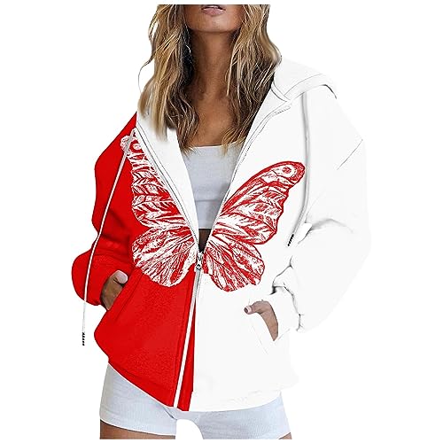 Meine Bestellung Sweatshirt Damen Damen jacken Damen Mode Schmetterlings Muster Drucken Kapuzenjacke Mit Tasche Locker Langarm Drawstring Sweatshirt Jacke Sweatshirt Damen Oversized (Rot, XL) von SHE.White