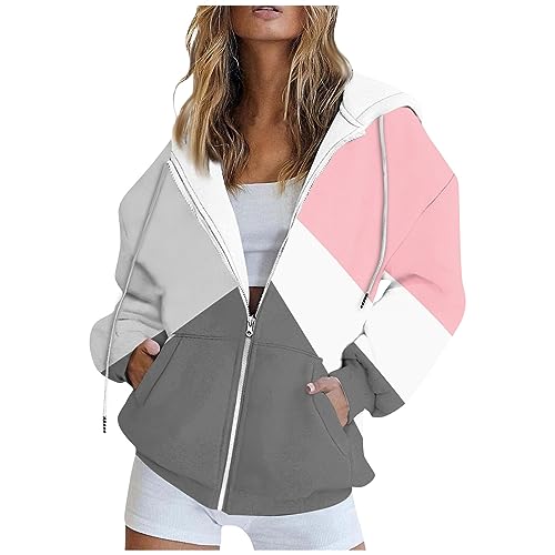 Meine Bestellung Trainingsanzug Damen Damen jacken Damen Oversize Zipper Kariert Drucken Drawstring Kapuzenpullover Jacke Sweatshirt Mit Tasche Kapuzenpullover für Damen (Rosa, M) von SHE.White