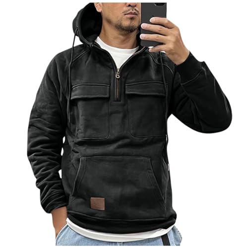 Meine Bestellungen Anzeigen, Herren Hoodie Hoodie Kapuzenpullover Herren Hoodie Einfarbig 1/4 Zip Up Sweatshirt Mit Mehreren Taschen Langarmshirt Sweatjacke Herren Mode(Black,M) von SHE.White